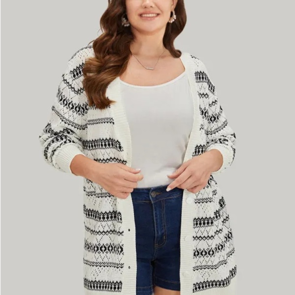 BloomChic Striped Pointelle Knit Button Front Cardigan | 3X (22/24)